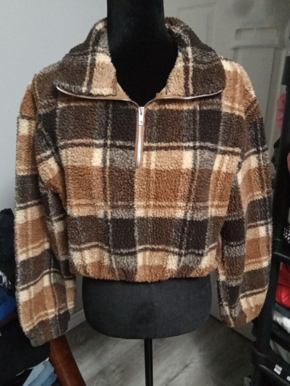 Zaful Medium Plaid Cropped Teddy Bear Fleece Quarter Zip Pullover Brown